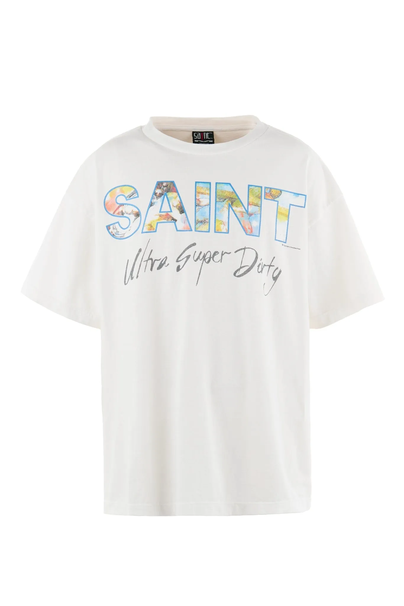 SAINT Mxxxxxx SS TEE/SUPER DIRTY/WHT oil painting SAINT SUPER DIRTY slogan TEE off-white S-XL Made of original OE yarn tube weaving without side seams to distinguish the split fabrics original consistent VINTAGE label/little angel anti-counterfeiting label top printing technology highly restored original details
